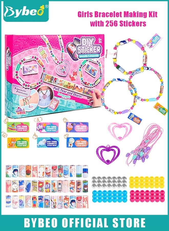 Bracelet Making Kit for Girls, Kids Charm Bracelets Kit, DIY Sticker Jewelry Toy, Sticky Roll Bracelet Necklace Gift Kit with 32 Sticker Rolls, 256 Stickers, 6 Charms, 2 Pendants, DIY Arts and Crafts Gifts Toys for Kids 6+ Years