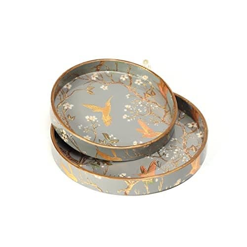 DULI Set of 2 MDF Wood Trays Enamel Coated| Round Trays Set of 2 | Serving Trays | Wooden Tray | Kitchen&Dining Decorative | Resin Tray | Handmade | 7x7 & 9x9 inches (Setof2Round: SilverGoldBirds)