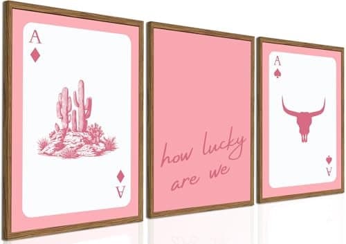 Pink Western Wall Art How Lucky are We Wall Decor Picture Southwestern Cowgirl Playing Card Poster Canvas Print Bull Skull Painting Artwork for Bedroom Living Room 12x16 inch Wood Framed