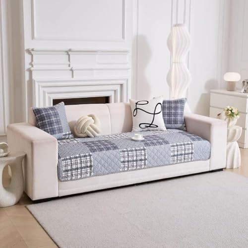 HOMETHREADS Premium Korean Style Cotton Sofa Seat Cover – Breathable, Anti-Skid & Machine Washable Couch Protector for a Modern & Cozy Living Space (Blue_Check, 2 Seater | 140x75cm)
