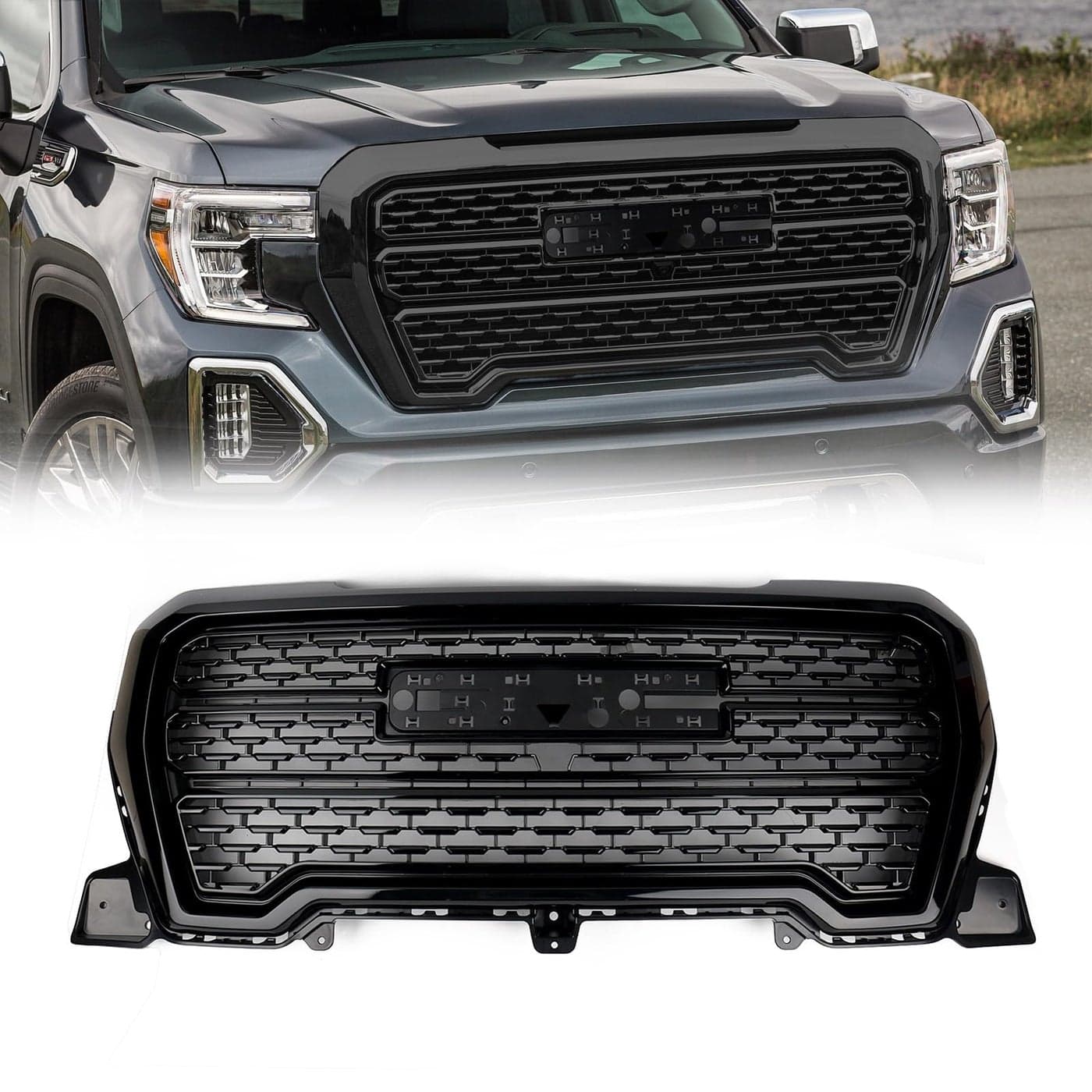 FIONE for 2019 2020 2021 GMC Sierra 1500 Front Bumper Hood Upper Grille Mesh Grille Replacement Glossy Black