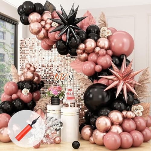 Toys Treasure We Deliver Smiles 104Pcs Rose Gold Black Confetti Balloons with 4D Star Foil Balloons & Pump for Wedding, Birthday, Graduation, Anniversary Party Decoration (Black and Rose Gold, 104pcs)