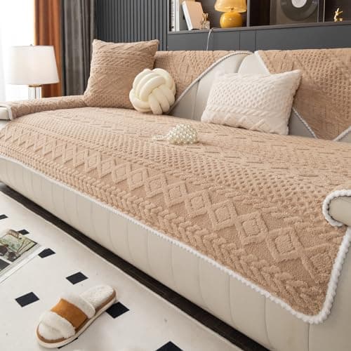 MDSASFD Geometric Jacquard Plush Warm Sofa Couch Cover, Soft Funny Fuzzy Couch Covers, Non Slip Sectional Sofa Slipcover, Cozy Washable Furniture Protector for Kids, Pets (Khaki, 36"x 36")