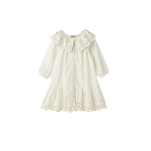 SPUNKIES Girls Cotton Knee-Length Dress | Soft Modern Frock with Embroidered Ruffled Collar & Hem | Elegant Party & Casual Wear for Toddlers and Kids | Lightweight & Stylish Cotton Dress White