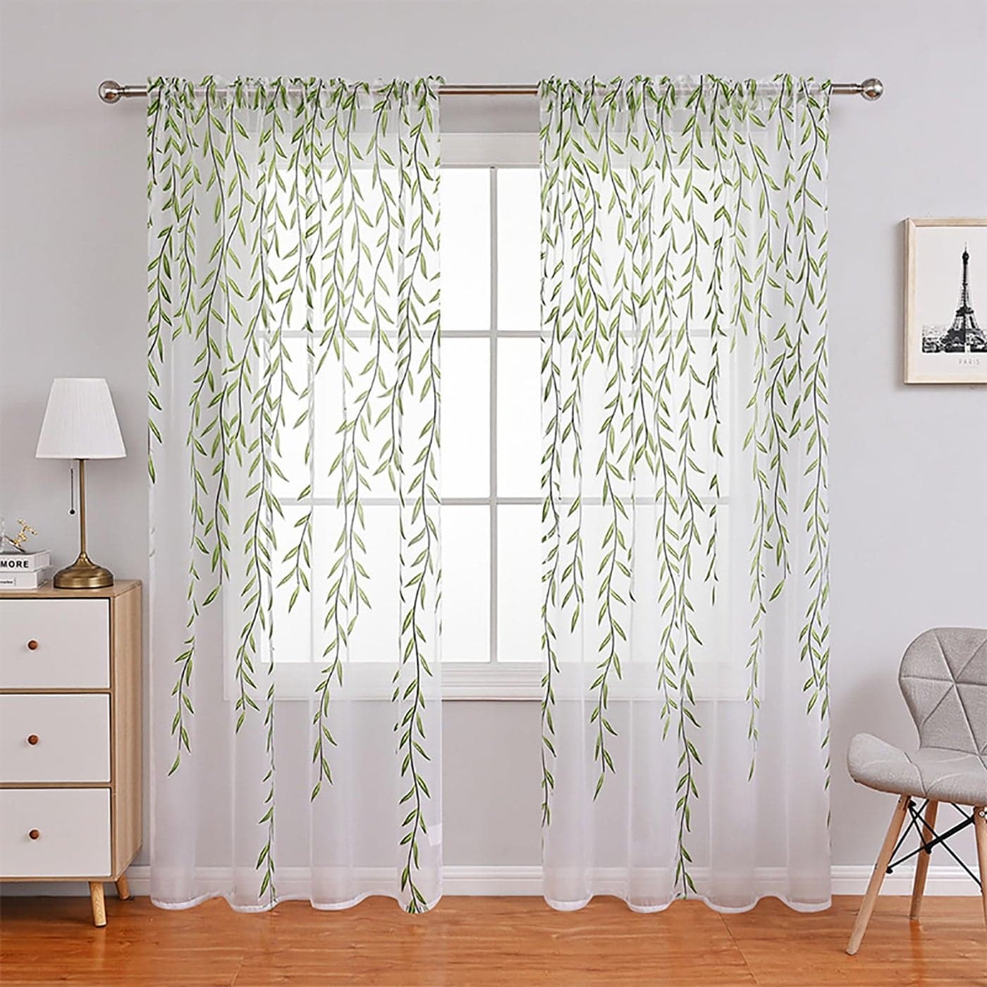 Ufurty 2 Pieces Willow Leaf Window Curtain Voile Tulle Room Salix Leaf Sheer Vine Curtain Voile Panel Drapes Curtain White Sheer Green Leaf Curtain for Living Room Bedroom Balcony