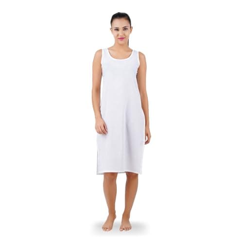 Happy Bunny Soft Cotton Knee Length Inner Slip for Women, Sleeveless Non-Stretch Camisole for Kurti, Dress & Chikankari Suit Lining, Fresh Guard Treated (MED, Blanco White)