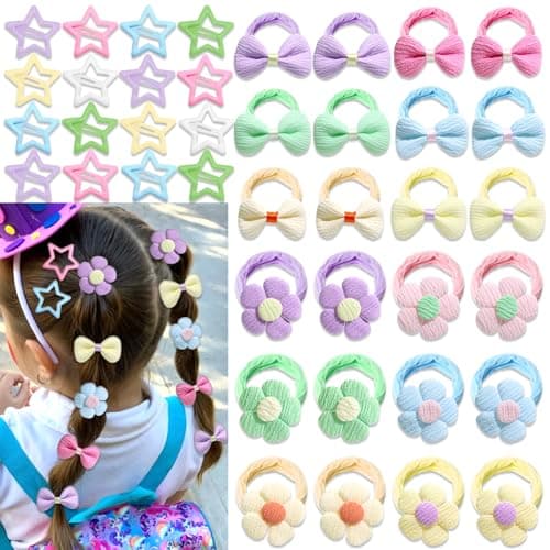 AOREAS 48 Pcs Toddler Hair Ties for Girl Baby Hair Tie Cute Flower Elastic ScrunchiesStar Hair Clips Y2K Snap Hair clipsSeamless Ponytail Holders Little Girls Hair Accessories Star 01