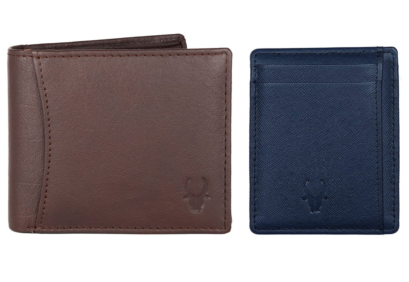 WildHorn Brown Leather Men's Wallet and Blue Safiano Card Case (WH1173)