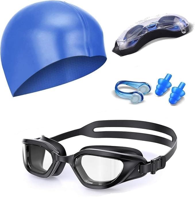Leosportz 4 in 1 Swimming Kit - Swimming Cap, Swimming Googles, Earplugs and Nosepulgs Set | UV and Anti Fogg Protection Googles | Silicon Non Sip with New Memory Technology (Blue)