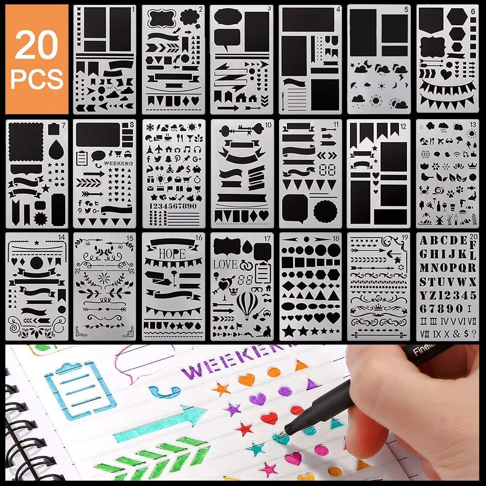 HASTHIP 20 PCS Journal Stencil Plastic Planner Set for Journal Notebook Diary Scrapbook DIY Drawing Template Journal Stencils 4x7 Inch