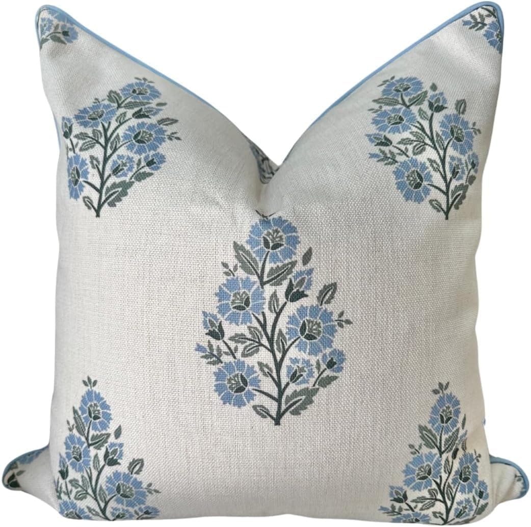 Jillien Harbor “The Camille” Decorative Pillow Cover – Blue & Whitel Floral Block Print Pillow Cover – Grandmillennial Home Decor, 24" x 24"