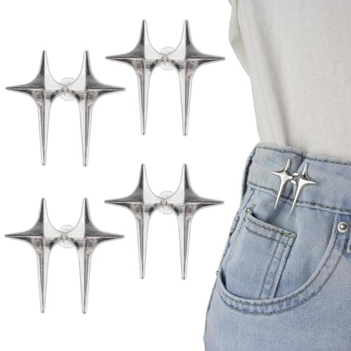 SANNIDHI® 4 Sets Adjustable Waist Buckle for Unfit Jeans Pants, Pants Size Adjuster Silver Star Instant Jeans Button Pins Waist Tightener, Detachable No Sewing Waist Adjuster for Pant, Skirt