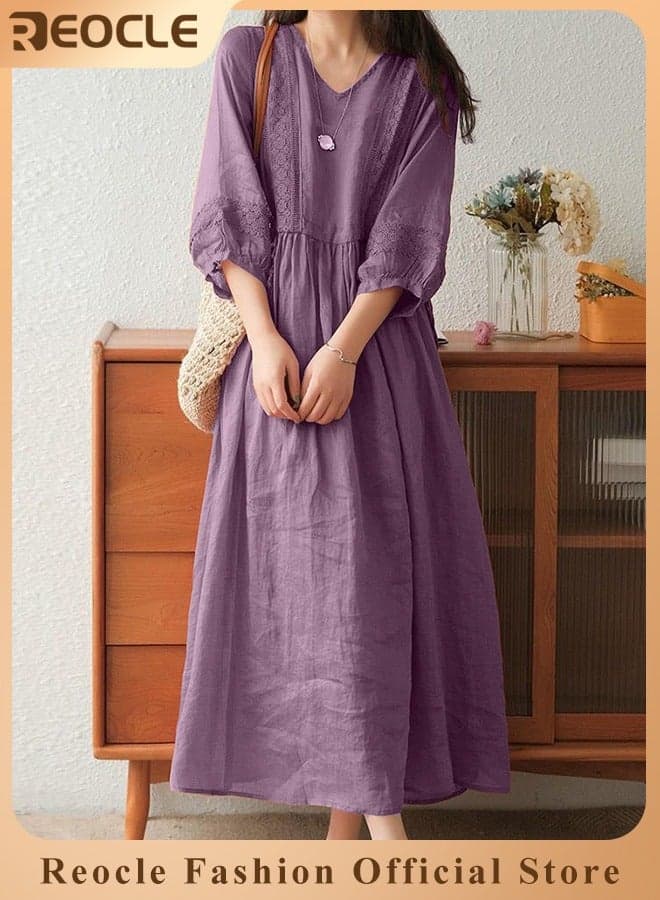 Women’s V Neck Puff-Sleeved Dress Vintage Lace-Spliced Hollow-Out Maxi Dress for Summer Linen Sun Dress Maxi Tunic Casual