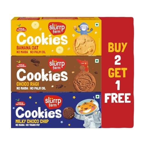 Slurrp Farm No Maida No Refined Sugar Assorted Pack of Cookies | Buy 2 Get 1 Free | Banana Oat, Choco Ragi and Milky Choco Chip | Healthy Cookies Made With Multigrains | Perfect for tiffins, travel or snack time | Pack of 3 x 80g