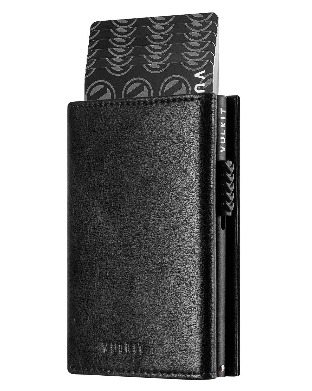 VULKIT Card Holder Wallet with Coin Pocket Magnetic Closure Pop Up Cards With ID Window Leather Wallet for Cash & Credit Cards, Black