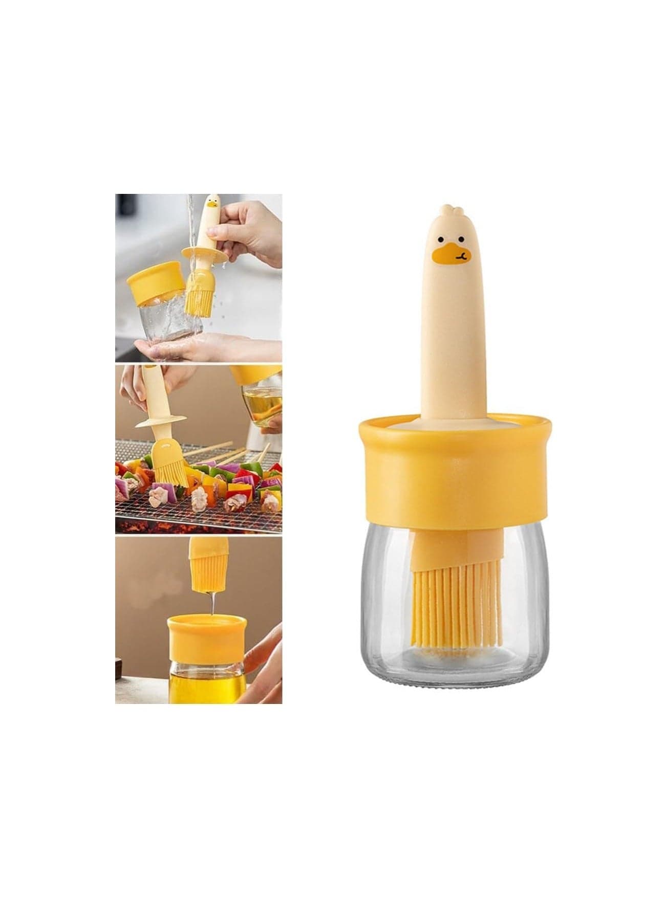 Silicone Oil Bottle Set, New Glass Olive Oil Dispenser with Brush for Kitchen, Food Grade Silicone Oiling Brush Bottle Oil Bottle Brush Set for Baking Cooking Grilling Kitchen Gadgets (Orange Duck)