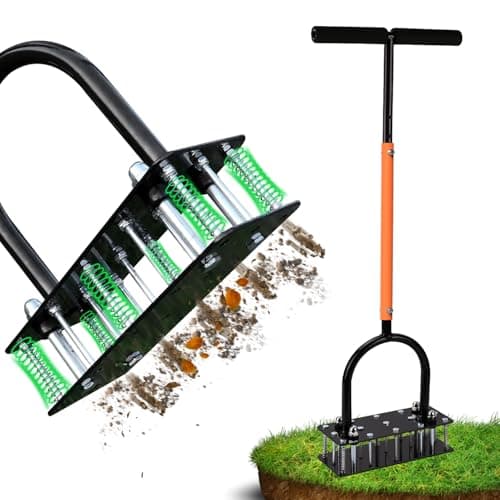 RIFPOD Lawn Aerator, Automatic Dirt and Leaf Clean Design, Heavy Duty Manual Lawn Aerator Tool with 15 Iron Spikes, Height Adjustable, Yard Grass Aerator for Lawn(Black with Orange)