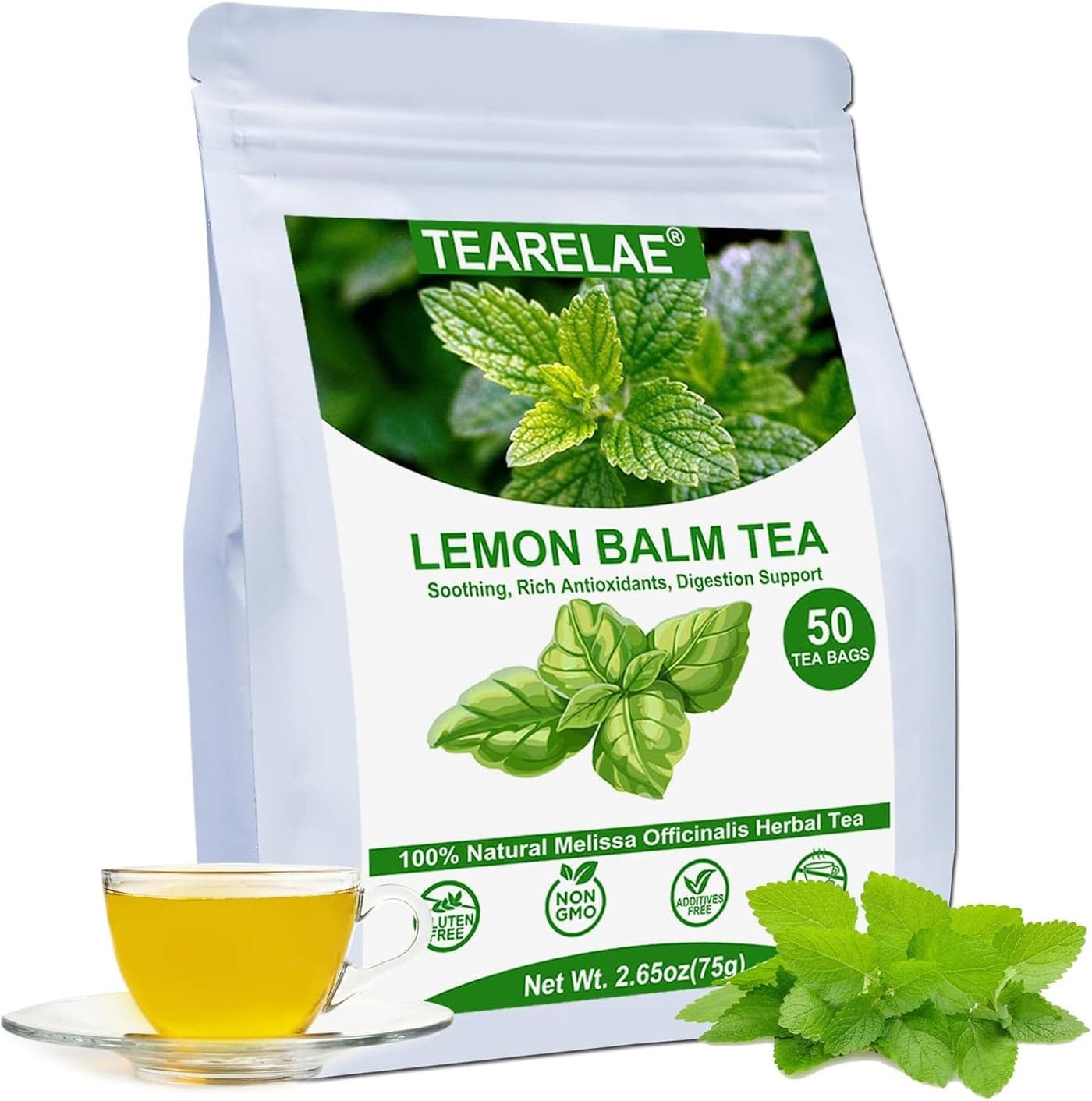 TEARELAE Lemon Balm Tea Bags - 50 Count - 100% Natural Dried Lemon Balm Herb for Calming and Digestion Support - Caffeine-Free and Non-GMO