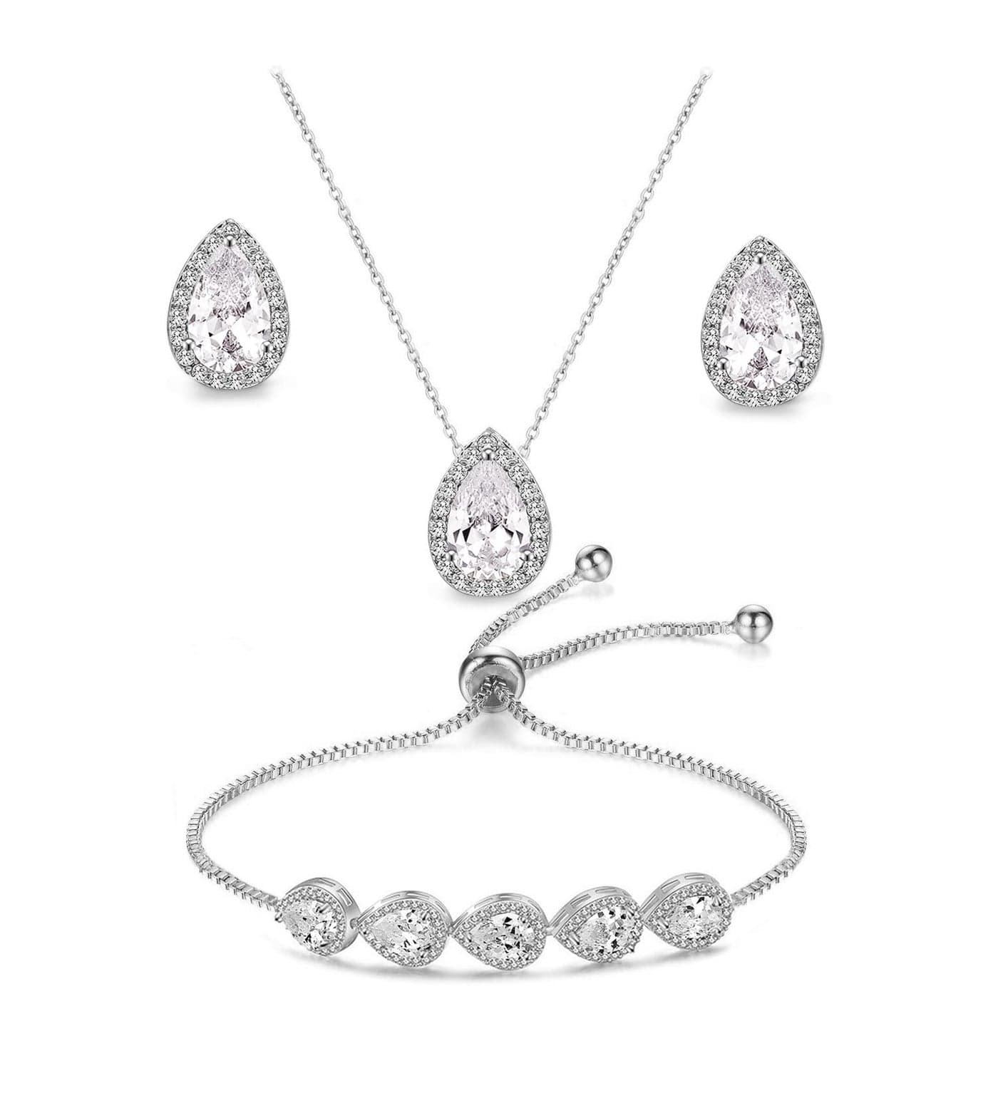 UDYLGOON Bridesmaid Bride Wedding Jewelry Set - Gold Plated Teardrop Necklace, Earrings & Bracelet for Prom Party Jewelry Gift (White Gold Plated)