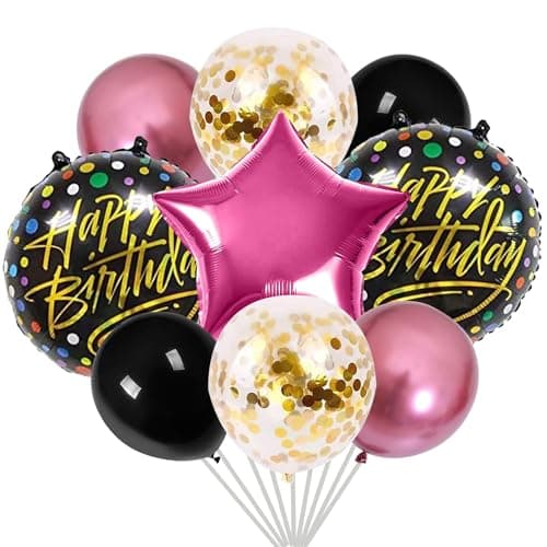 Party Propz 10 Pcs Happy Birthday Balloons for Girls - Pink and Black Confetti Foil Balloons for Decoration