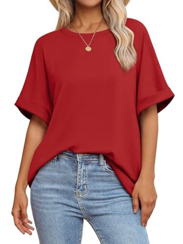ATHMILE Tshirts Shirts for Women Loose Fit Crewneck Short Sleeve Summer Casual Blouse 2025 Y2K Tee Tops Red