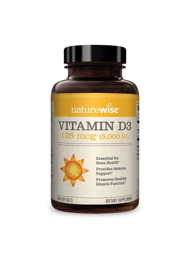 Vitamin D3 5000iu (125 mcg) 1 Year Supply for Healthy Muscle Function, and Immune Support, Non-GMO, Gluten Free in Cold-Pressed Olive Oil, Packaging Vary ( Mini Softgel), 360 Count