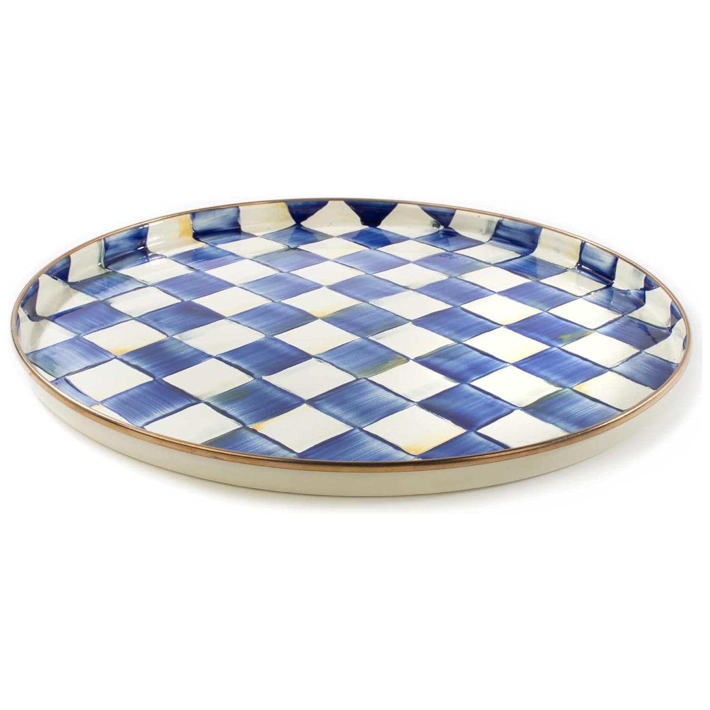 MACKENZIECHILDS Enamel Round Tray Unique Serving Platter for Food and Drinks BlueandWhite Royal Check