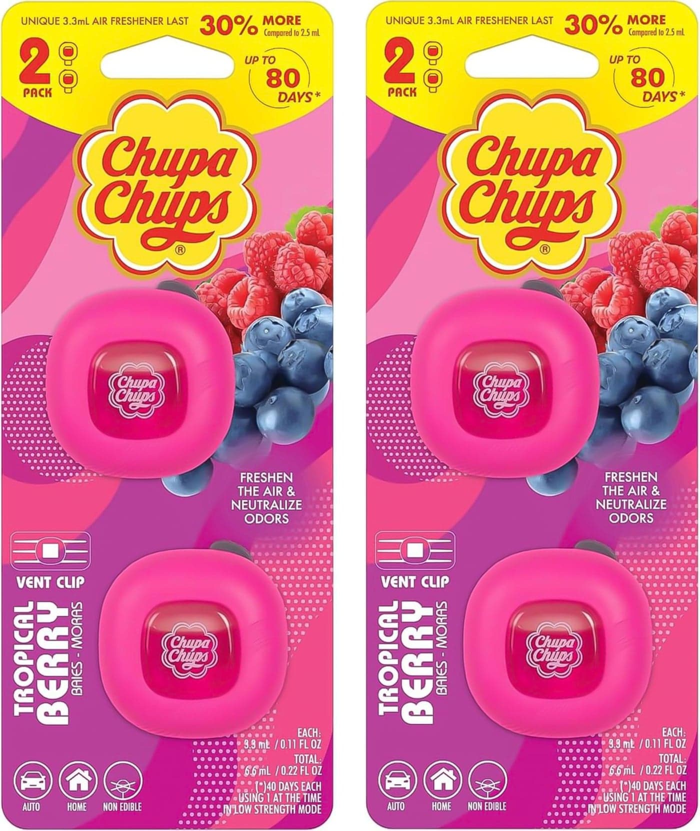 Chupa Chups Car Air Freshener, Tropical Berry - Long Lasting Car Fresheners with Fun Scents, Colorful and Vibrant Air Freshener for Car, Unique Car Freshner Perfume Deodorizer- 2Pack (4pcs Total)