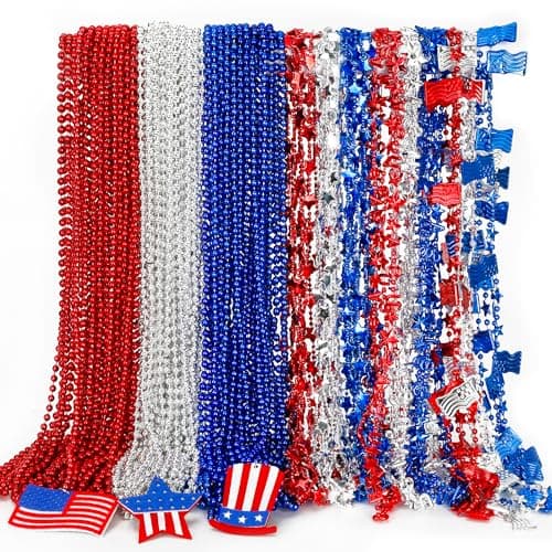 EOBOH 4th of July Party Favors 120PCS Patriotic Beads Necklaces Metallic Patriotic Independence Day Red Blue White Necklace USA Hat Flags Pendant Necklace for Memorial Day Parades Party Favors