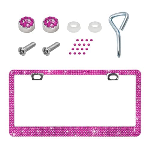 povtii Car License Plate Frame Sparkling Stainless Steel Auto License Plate Frame with Rhinestones Bling Diamond License Plate Holder Universal Exterior Car Accessories Pink