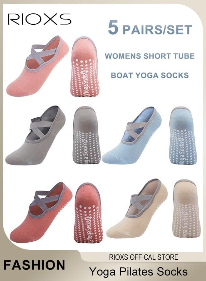 5 Pairs Yoga Socks For Women, Non-Slip Silicone Bottoms Grips and Straps, Cross Ties Fashionable Design Invisible Socks for Yoga Ballet Dance Barefoot Workout, Pink+Yellow+Blue+ Red+Gray