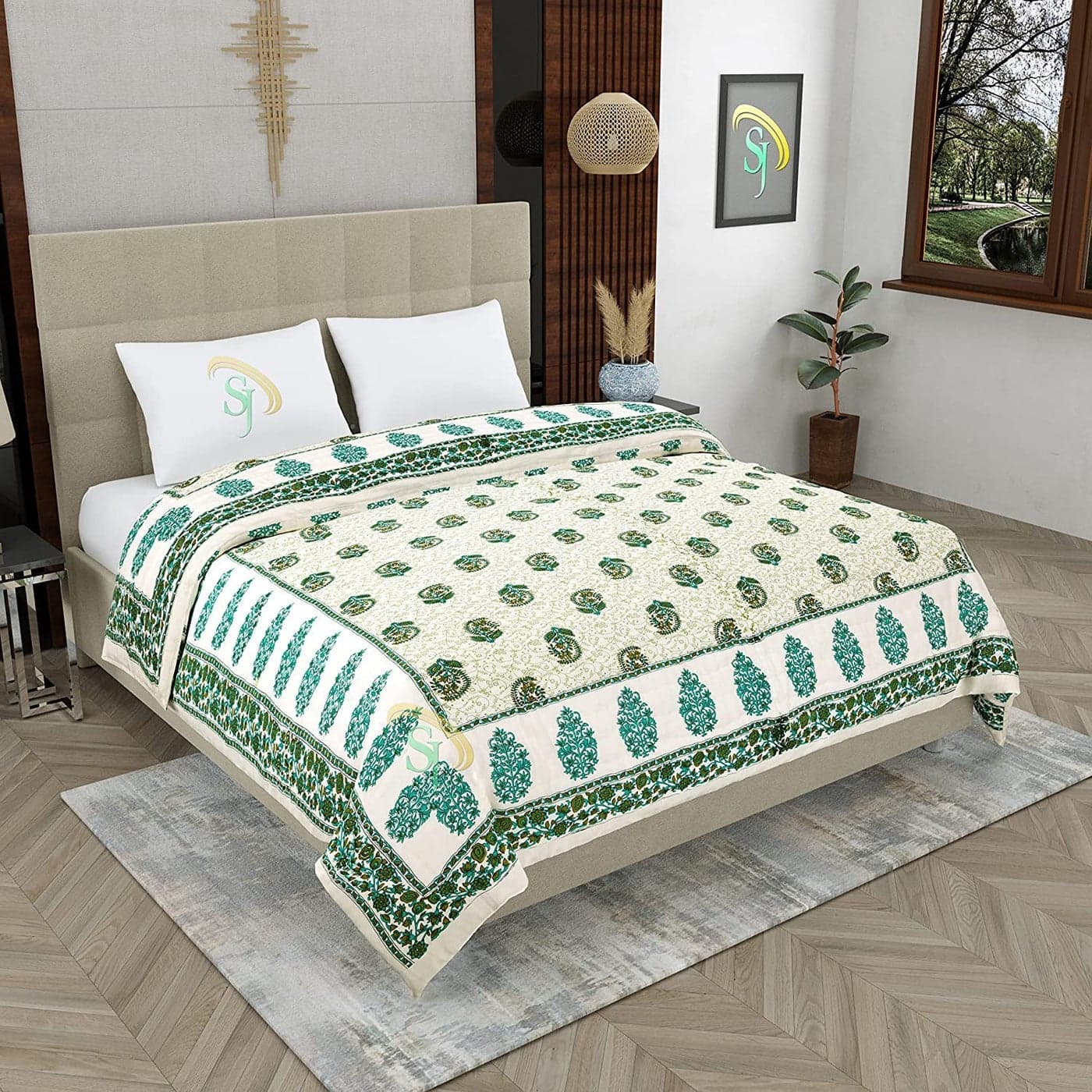 HASHIREX 400 TC Pure Cotton Double Bed Jaipuri Razai AC QuiltRajai Floral Print Soft and Breathable Multicolor Green 85 x 100 inch Double Bed
