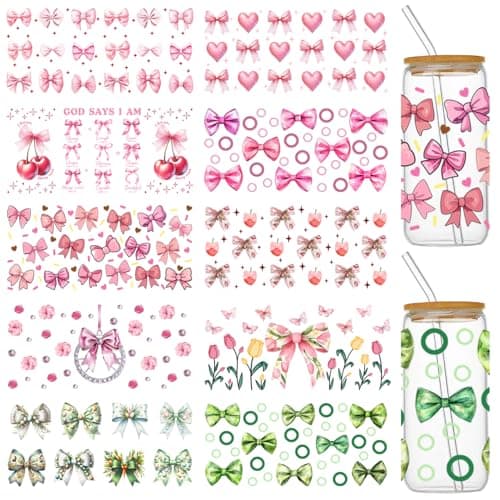 UV DTF Cup Wraps for 16 oz Glass Cups 10 Sheets Cute Bow Uvdtf Cup Decals Bulk Cold Transfer Stickers Rub on Transfers for Crafts Tumblers Libbey Cups Water Bottles Wood Furniture