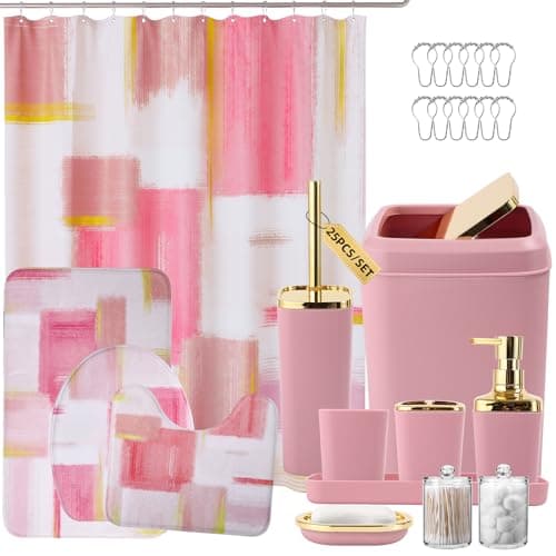 XLHOMO Bathroom Set Pink and Gold Bathroom Accessories Set Bathroom Sets with Shower Curtain and Rugs Pink Shower Curtain Set with Bathroom Trash Can Soap Dispenser Soap Dish for Home Decor