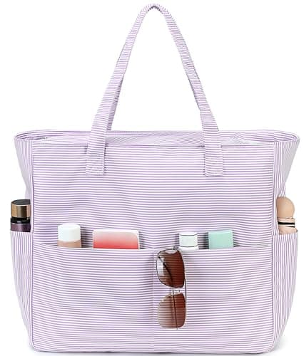 LEDAOU Large Beach Tote Bag Women Waterproof Sandproof Zipper Beach Tote Bag for Pool Gym Grocery Travel with Wet Pocket