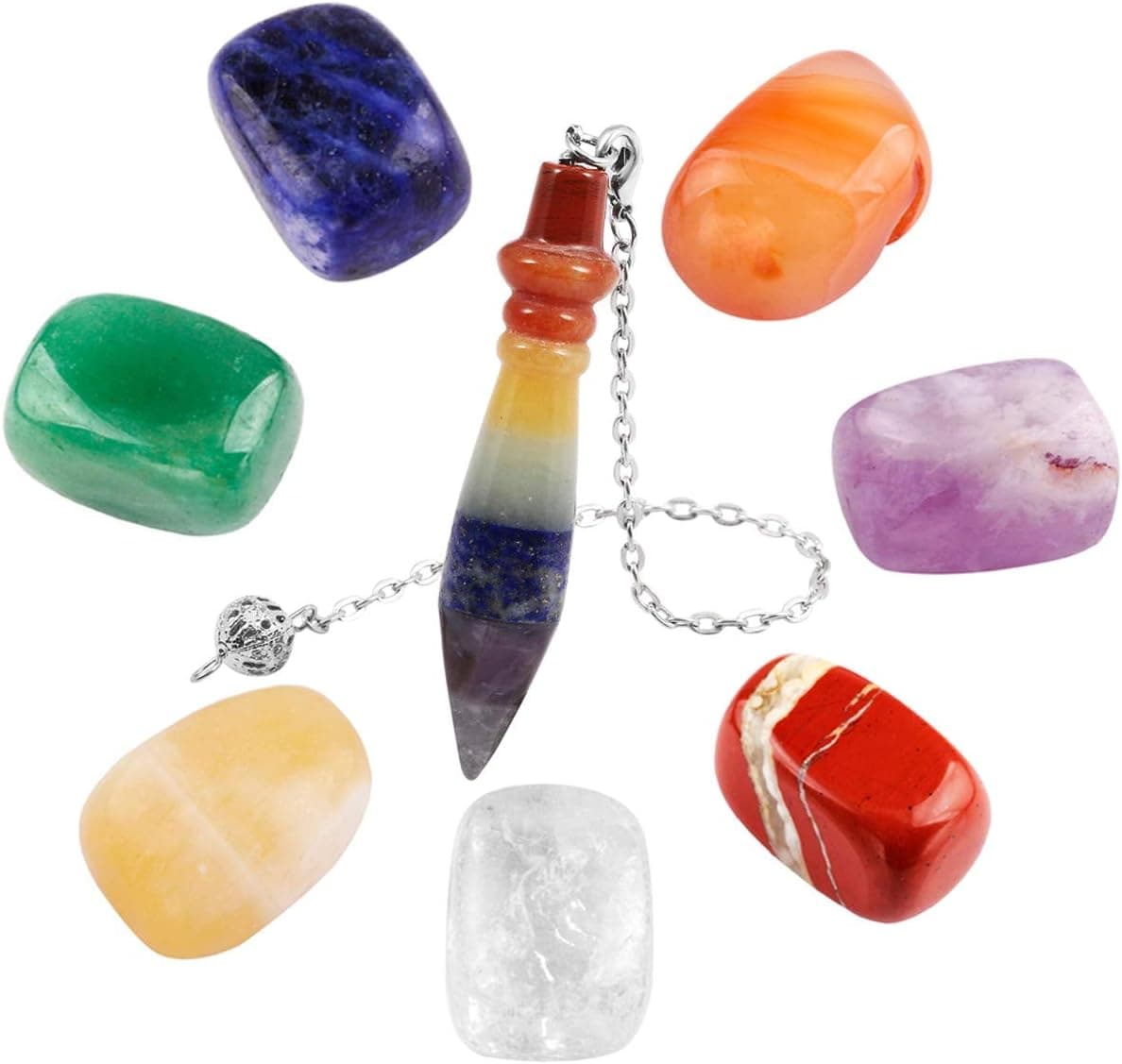 Rockcloud Healing Crystal 7pcs Assorted Stones Worry Stones Palm Pocket Stone & Chakra Pendulum Set Reiki Balancing