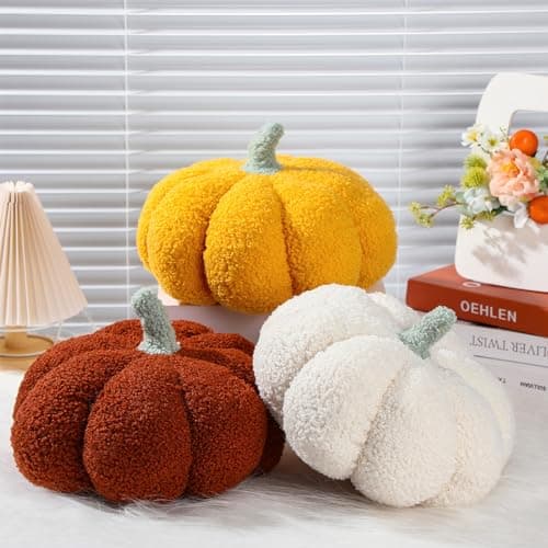Namalu 3 Pcs Pumpkin Pillows 3D Throw Cushion Soft Sofa Pillows Stuffed Pumpkin Decoration for Fall Thanksgiving Winter Home Living Room(11.81 Inch,White, Brown, Yellow)