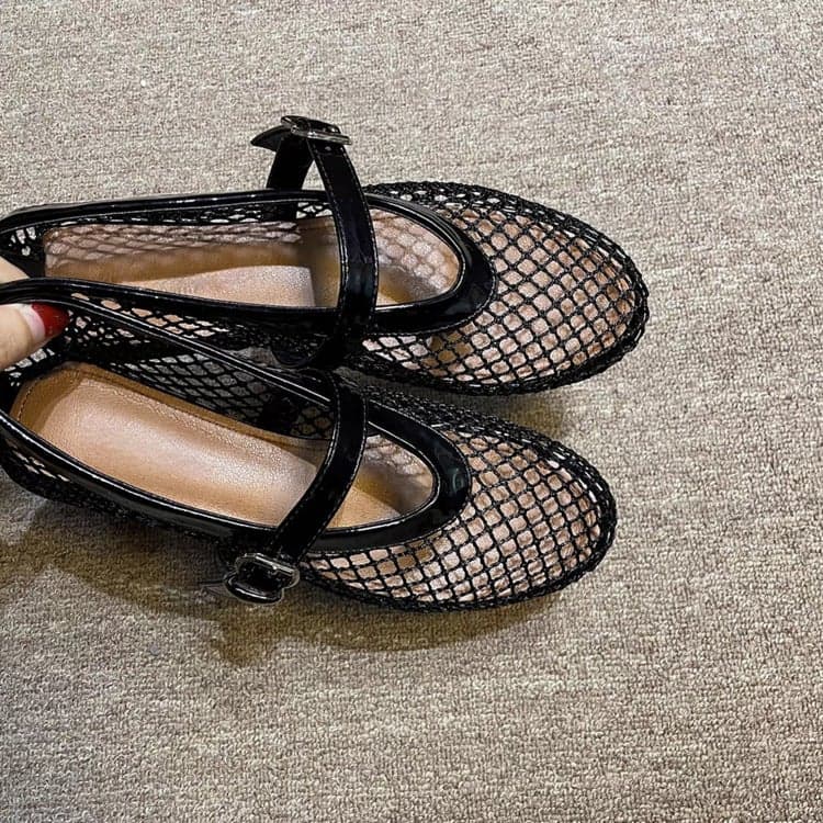 Round-Toe Mesh Buckle Ballet Shoes Women'S Ins Full Flash Flat Hollow Mary Jane Sandals Fishnet Shoes