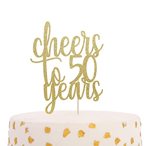 Festiko®Cheers to 50 Years Cake Topper-Golden Glitter Cake Decoration Supplies,Birthday/anniversary Party Decorations,Ladies Photo Booth Props,Golden Paper Cake Thirty Logo,Cake Decoration 50th topper