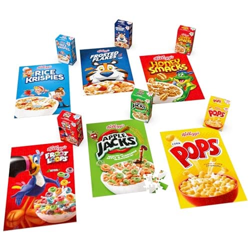 Spin Master Games, Kellogg's Cereal 100-Piece Puzzles 6-Pack, Square Cereal Boxes Puzzle Gift Set, Froot Loops, Rice Krispies, Raisin Bran, Corn Flakes, Frosted Flakes, Honey Smacks for Ages 4 & Up