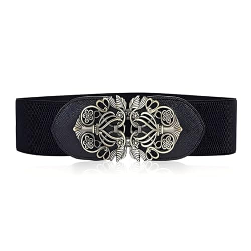 SYGA Women’s PU Leather Cinch Belt with Vintage Floral Metal Buckle Waist Belt, Stretchable Waistband for Dresses and Sarees - Black