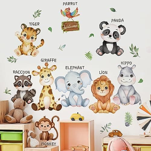 Mirabuy Large Safari Animals Educational Wall Decals Jungle Animals Wall Stickers Lion Panda Giraffe Monkey Tiger Wall Decor Murals for Nursery Kids Room Playroom
