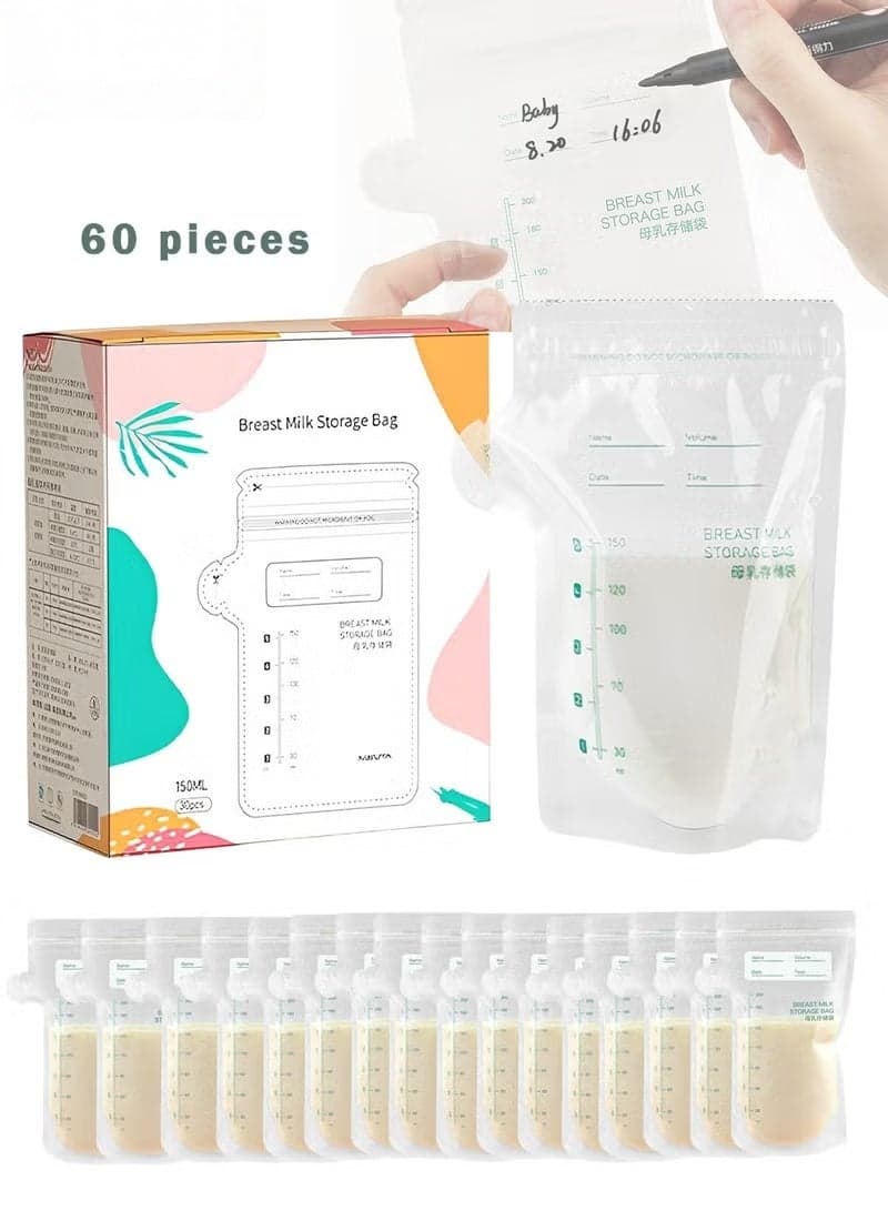 60PCS Breastmilk Storage Bags, Counting Pack, Presterilized, Hygienically Doubled-Sealed, Self Standing and Suitable Refrigeration and Freezing