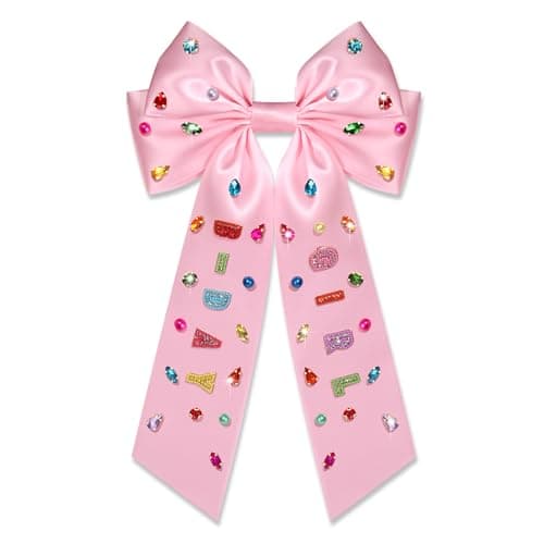 Birthday Hair Bows for Women Crown Birthday Girl Hair Bow Clips Crystal Pearl Star Jeweled Big Hair Bows Pink Bow Satin Hair Ribbons BDAY Hair Accessories Gifts Party Favors Pattern A1