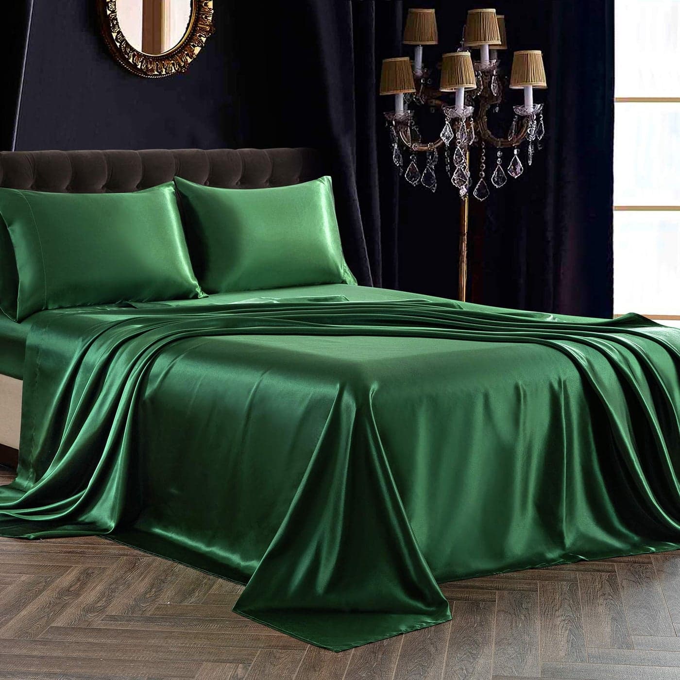 SiinvdaBZX 4Pcs Satin Sheet Set Full Size Ultra Silky Soft Emerald Green Satin Full Bed Sheets with Deep Pocket 1 Fitted Sheet 1 Flat Sheet 2 Envelope Closure Pillowcases