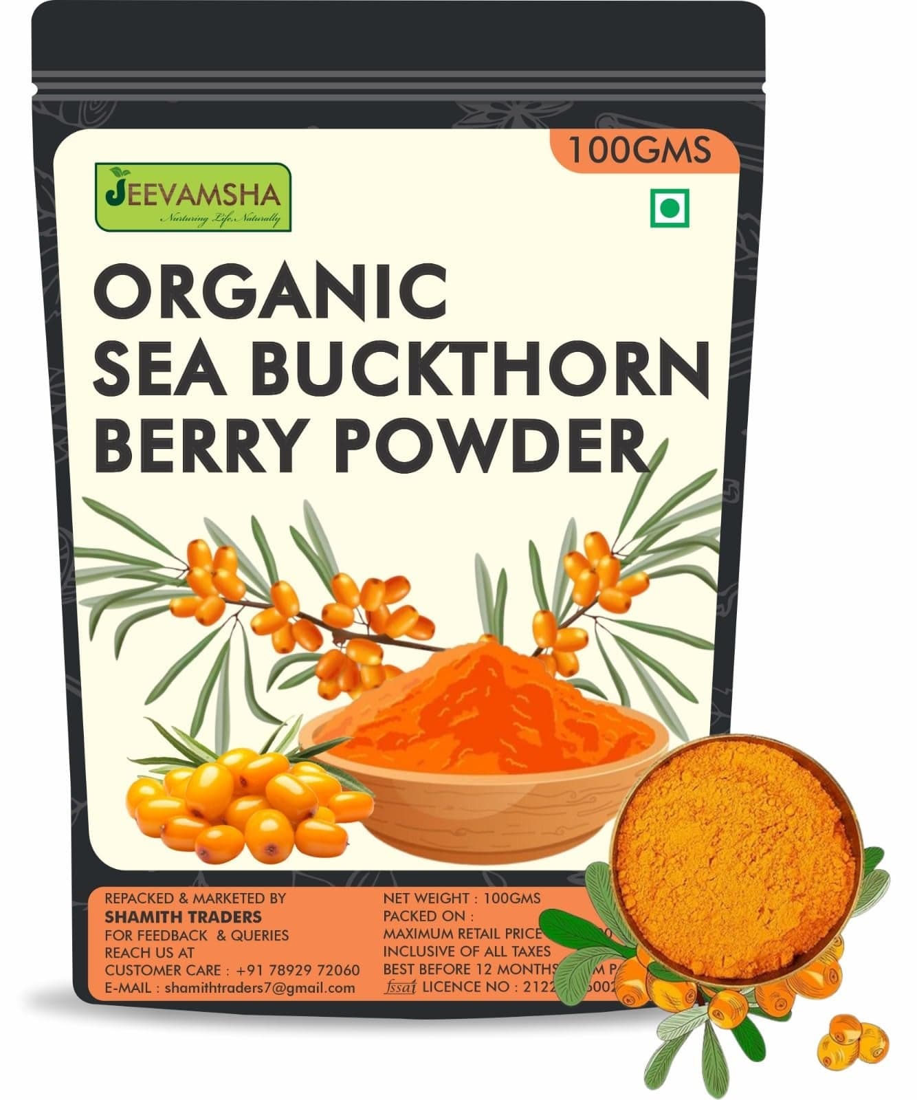 Organic Sea Buckthorn Powder 100g | Pure & Natural Cold-Pressed Sea Buckthorn Berries | Rich in Vitamin C, Antioxidants, Omega Fatty Acids | Supports Skin, Immunity & Digestion |