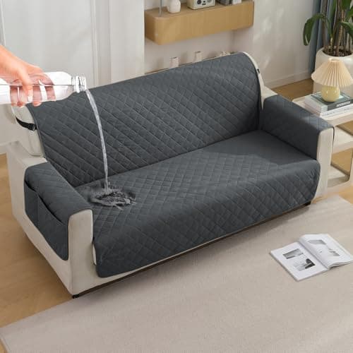 HOKIPO Polyester Quilted Waterproof Sofa Cover Mat for 2 Seater Sofa with Pockets on Armrest Cover - Grey (AR-5253-GRY)