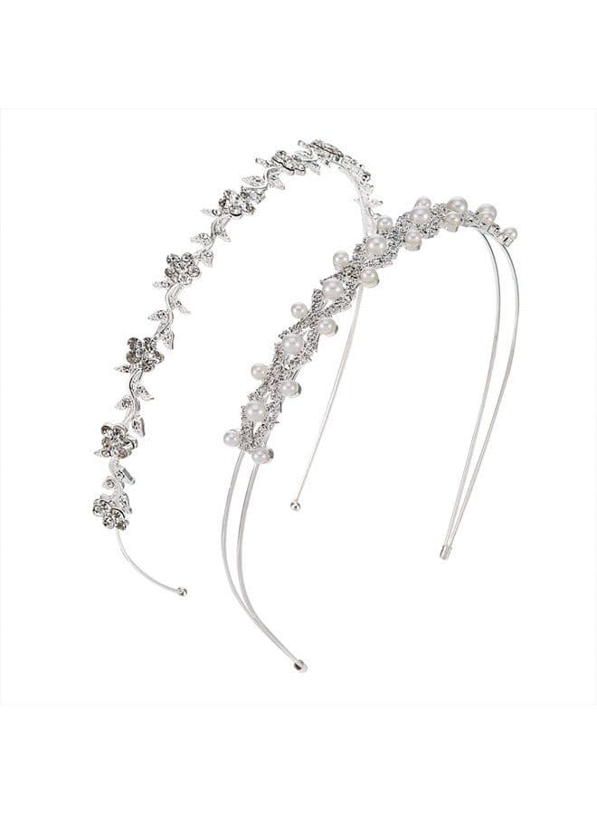 2 Pieces Rhinestone Bridal Crystal Women's Headband Wedding Flower Girl Pearl Diamond Slim Thin Silver Flower Leaves Crown Hair Band Accessories Headpiece Tiara for Bride Bridesmaids