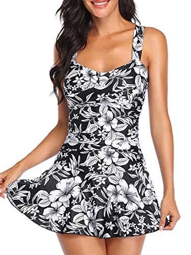 MiYang Women's Swimwear One Piece Slimming Skirt Tummy Control Swimdress Bathing Suit Black Floral Large (US 12-14)