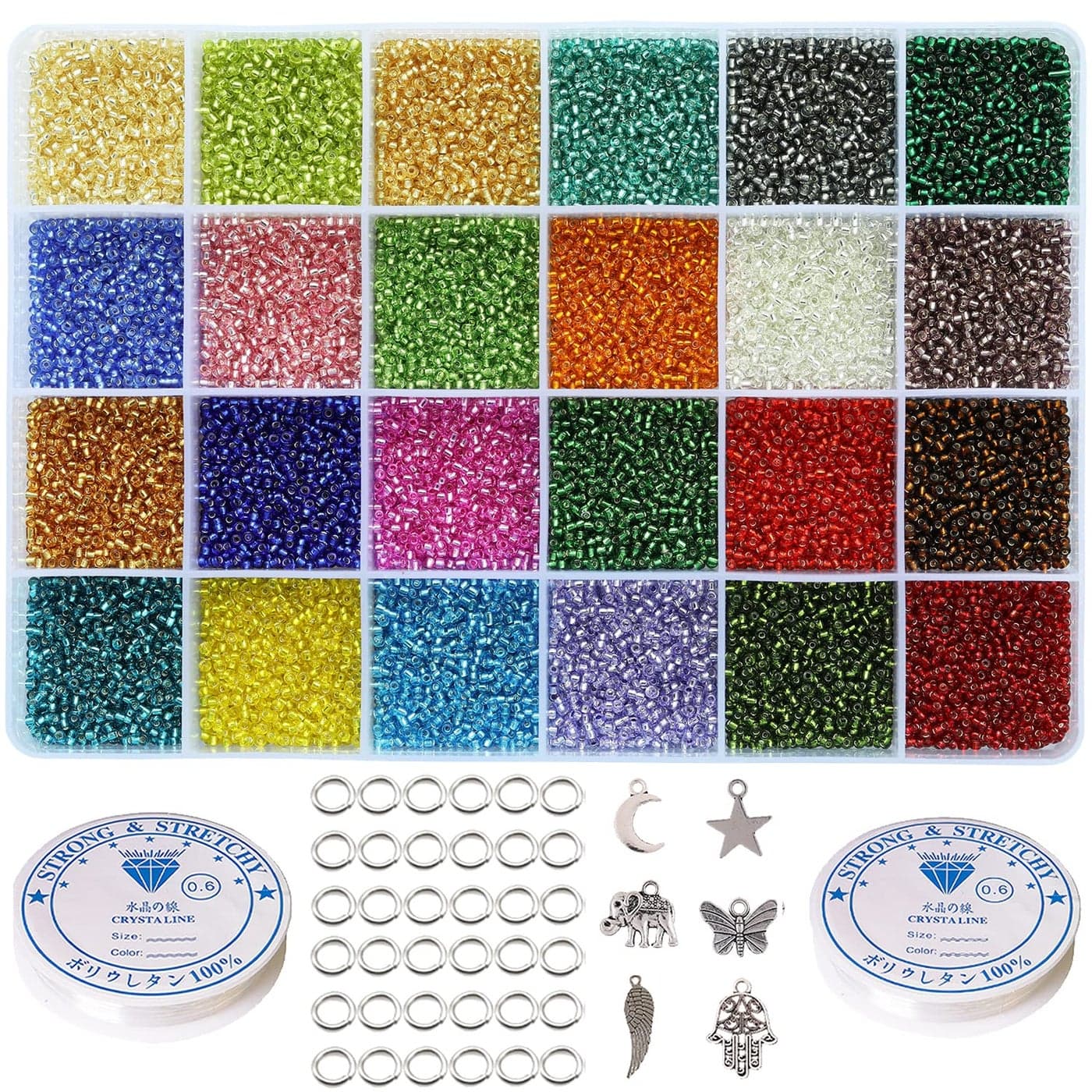 VOOMOLOVE About 21000pcs 2mm 120 Glass Seed Beads 24 Colors Loose Beads Kit Bracelet Beads with 24Grid Plastic Storage Box for Jewelry Making